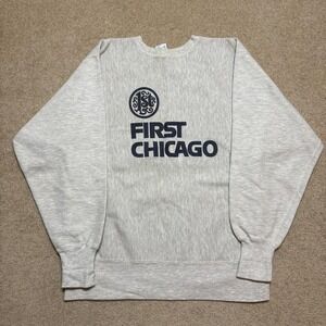 Vtg 90s Champion Reverse Weave Sweatshirt First Chicago Bank Mens Large Gray